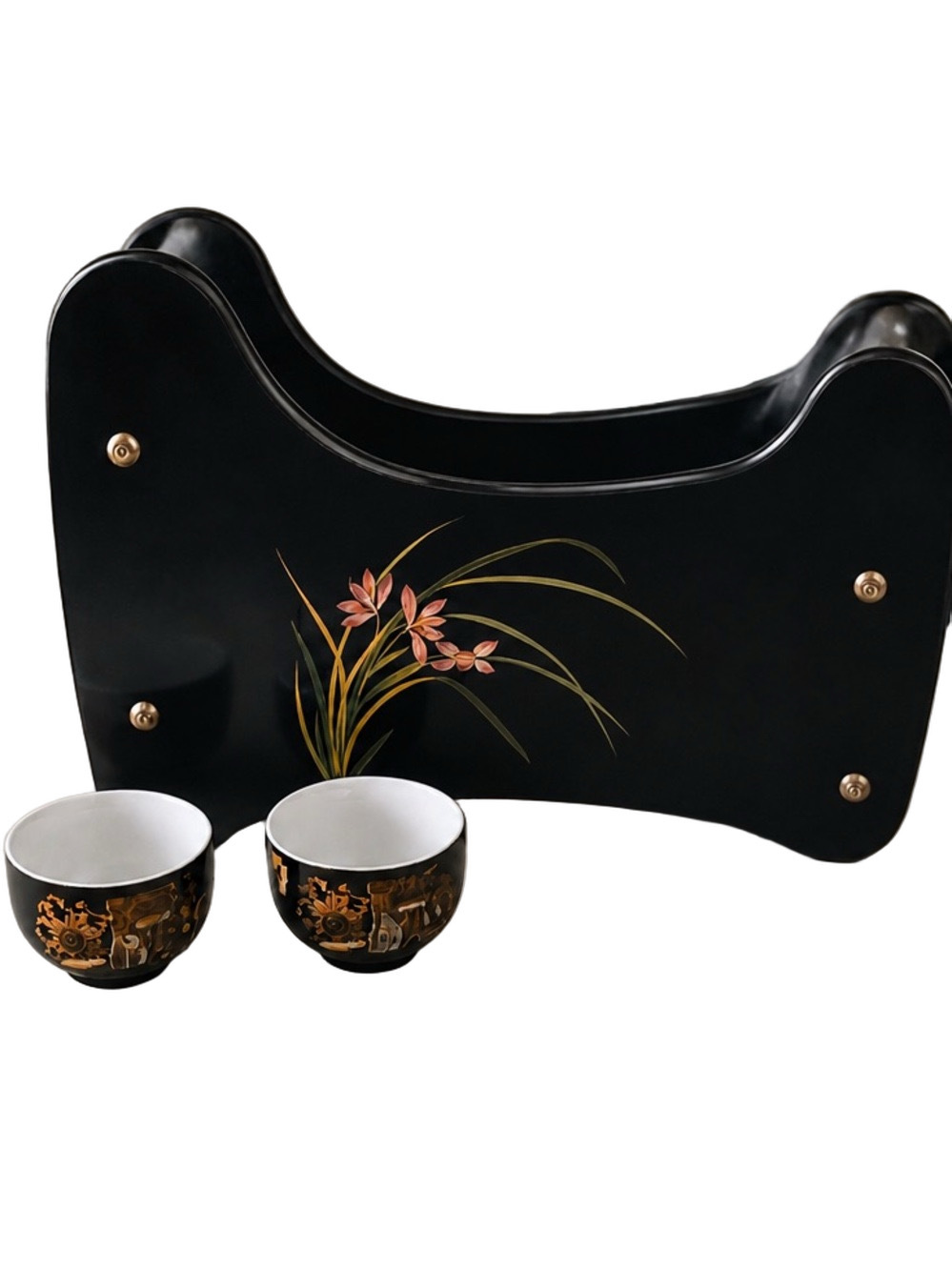 Japanese Lacquer Decorative Organizer Hand painted Black Floral Inlay + Tea Cups